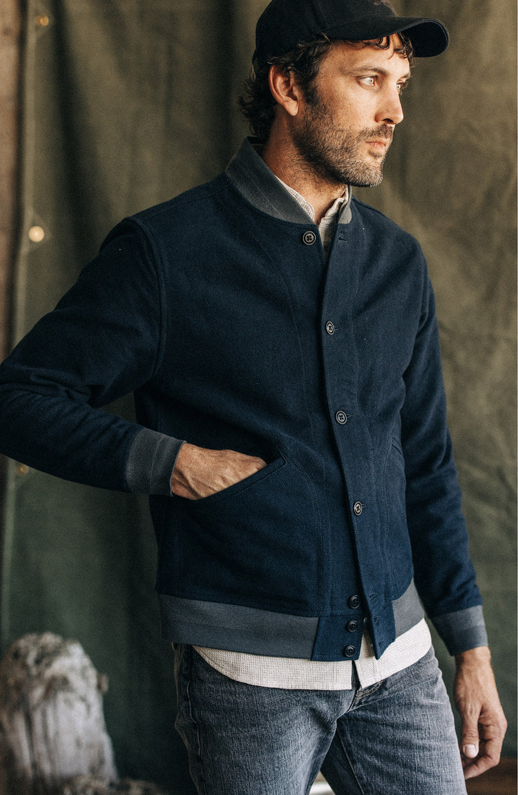 Our model wearing The Bomber Jacket in Dark Navy Moleskin