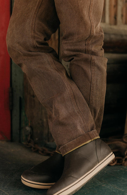 fit model showing off the cuffs on The Camp Pant in Aged Penny Chipped Canvas