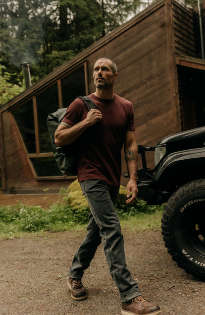 fit model walking wearing The Camp Pant in Coal Chipped Canvas