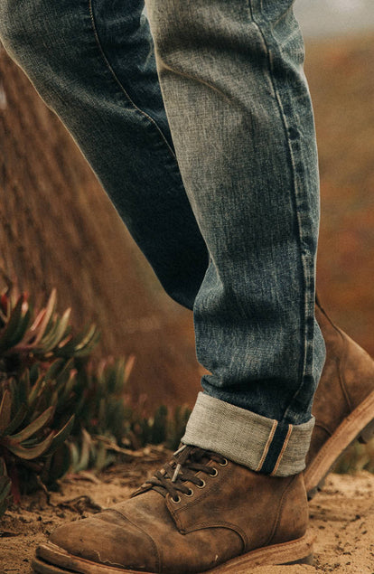 our guy rocking the 18 month wash denim in california, cropped shot with text on the right