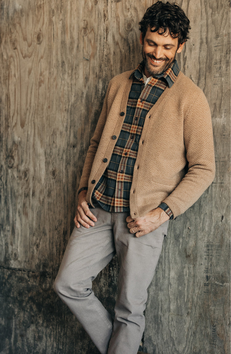 fit model in The Eddy Cardigan in Camel Herringbone Merino