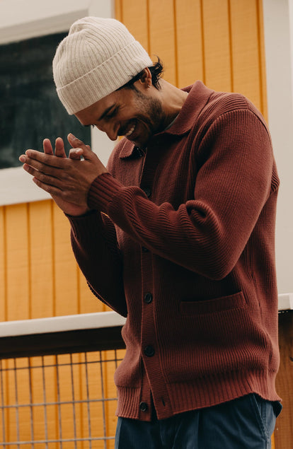 fit model posing in The Harbor Sweater Jacket in Mahogany