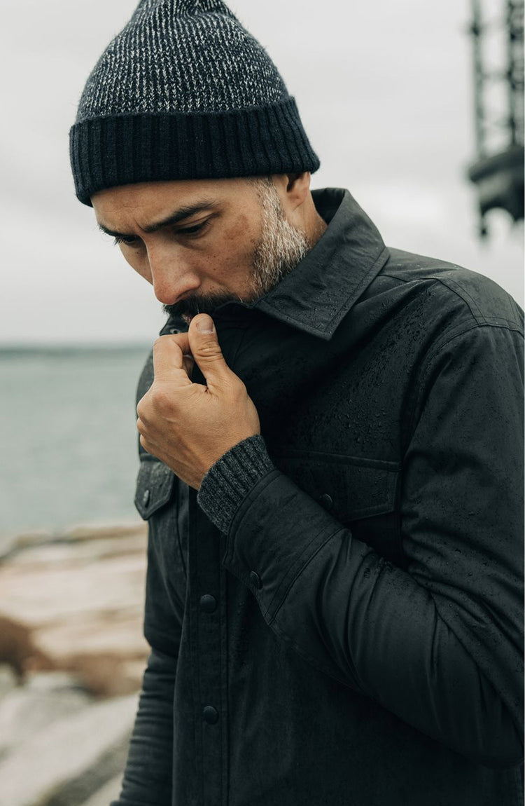 fit model in The Headland Beanie in Dark Navy