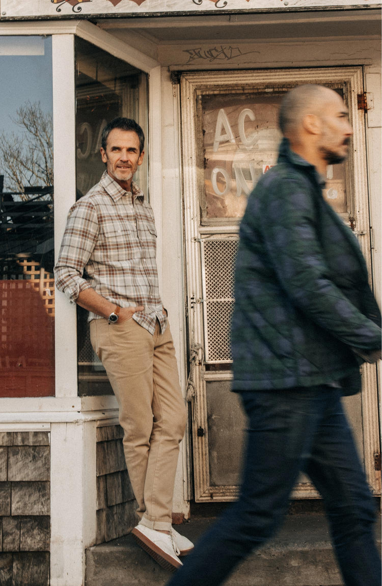 fit model wearing The Ledge Shirt in Redwood Plaid