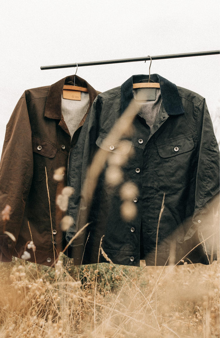 editorial image of The Long Haul Jacket in Dark Khaki Waxed Canvas