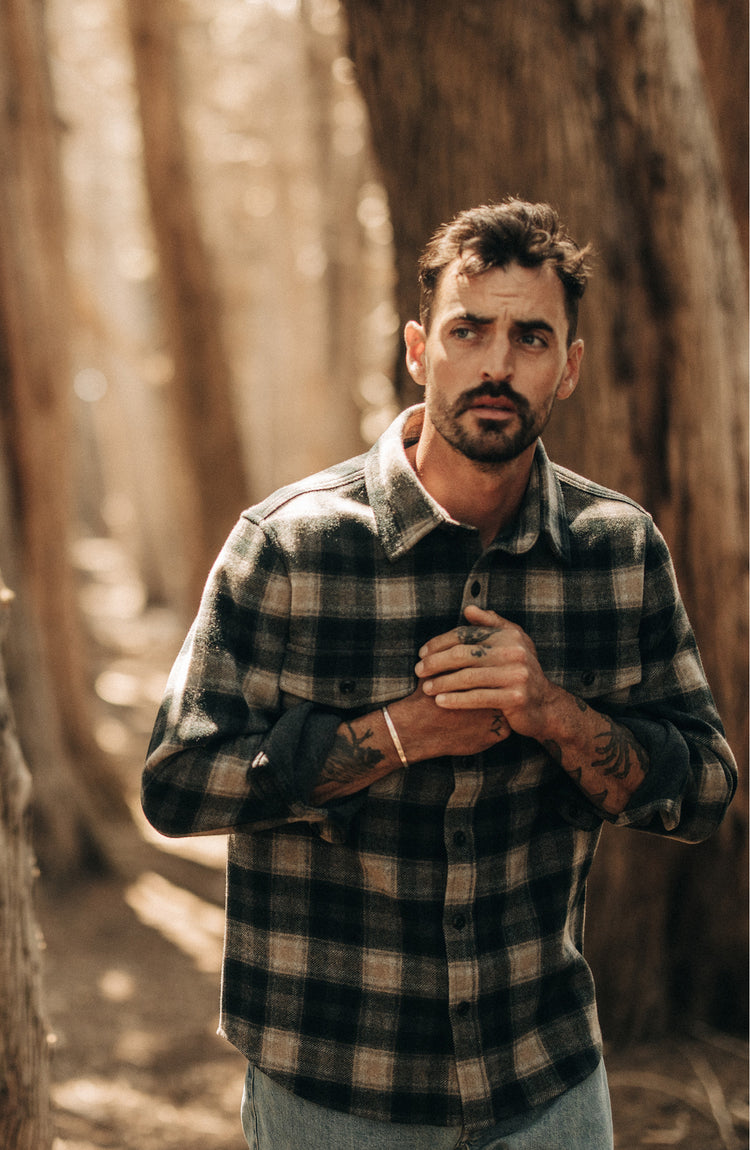 fit model in The Maritime Shirt Jacket in Dried Pine Plaid