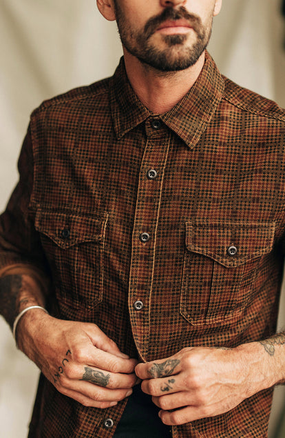 fit model in The Saddler Shirt in Dark Roast Plaid Cord