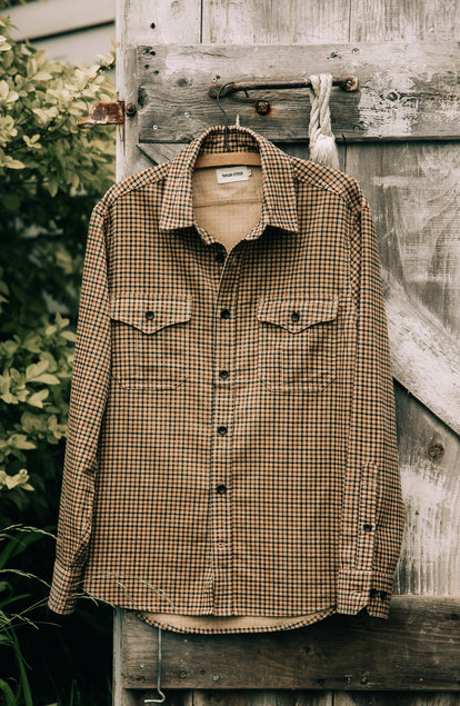 fit model in The Saddler Shirt in Teak Plaid Cord