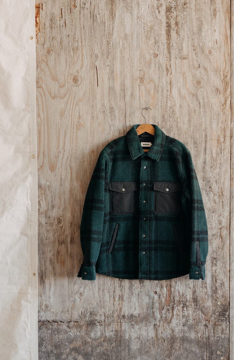 fit model in The Timberline Jacket in Dark Spruce Plaid