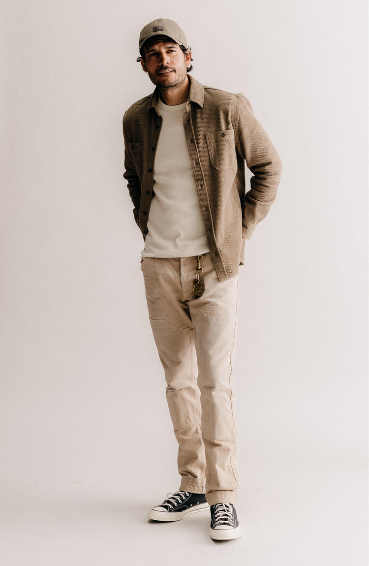 Model wearing The Utility Shirt in Cypress Sashiko