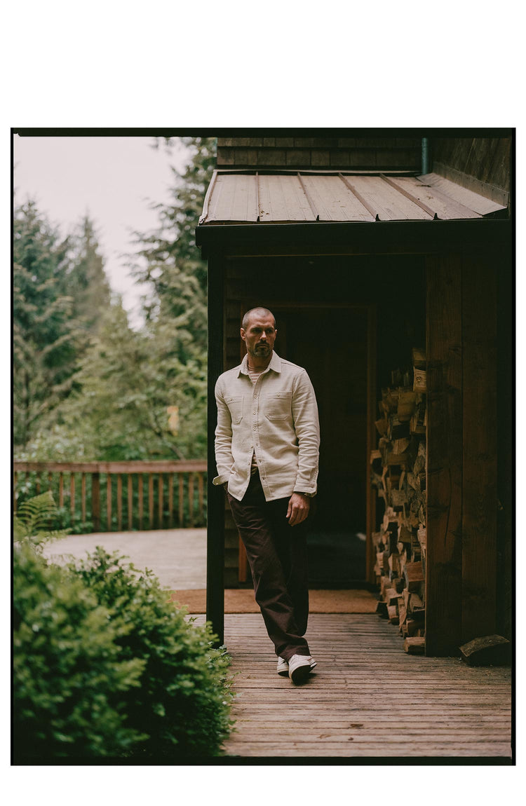 fit model posing in The Utility Shirt in Natural Sashiko