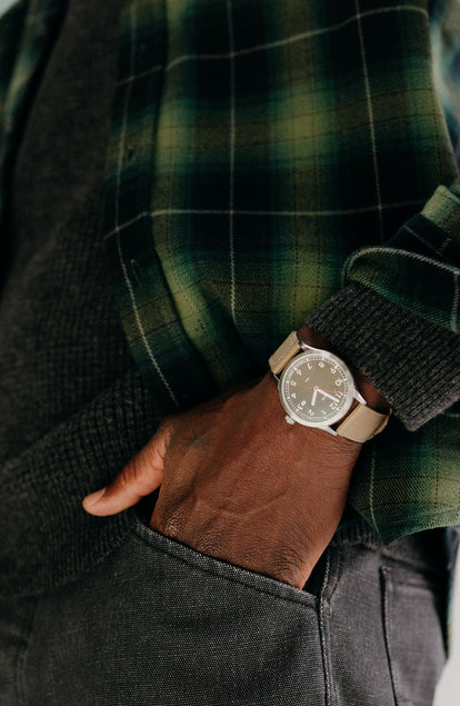 fit model with his hand in his pocket wearing The Yosemite Shirt in Twilight Plaid