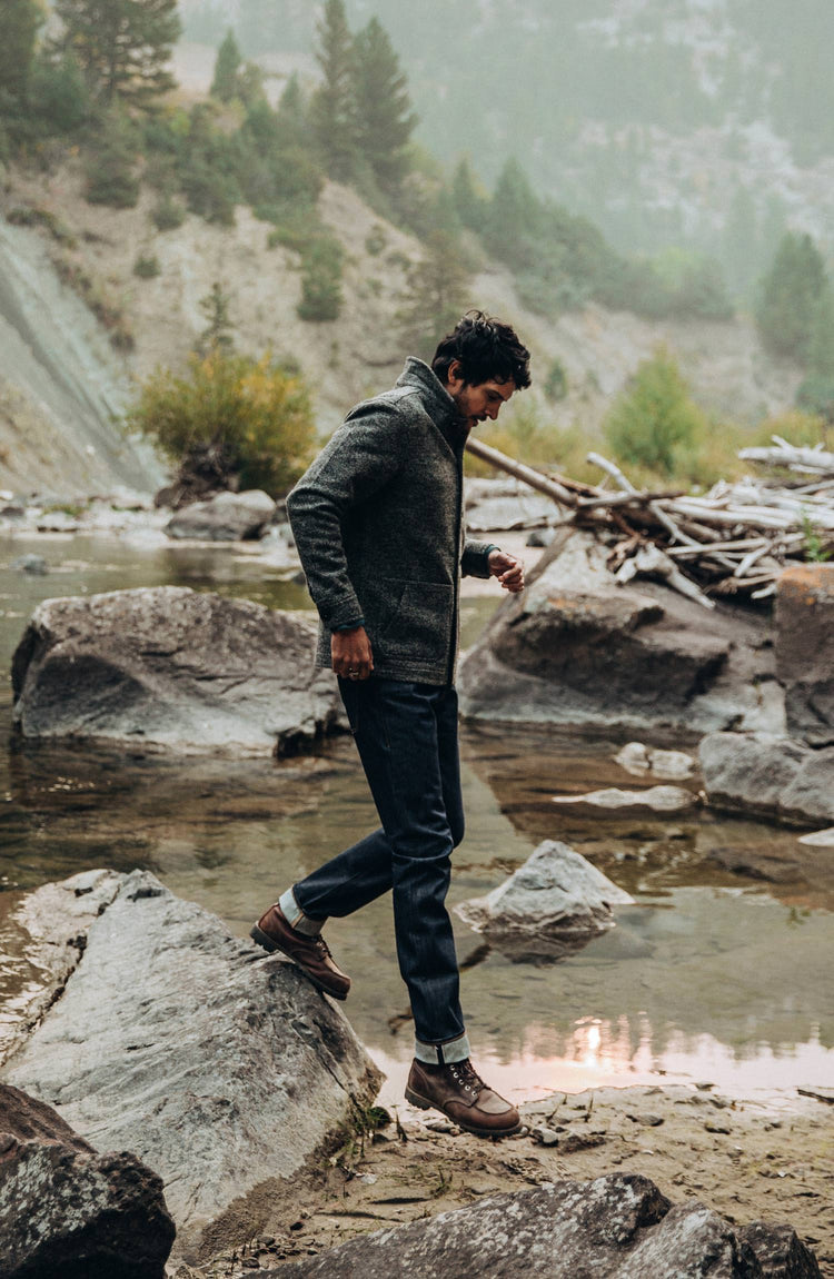 our guy wearing the cone mills reserve jeans in the PNW