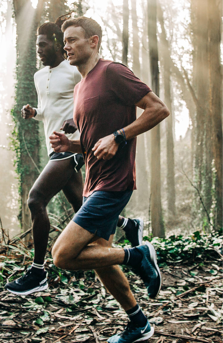 Our guy rocking The Tracksmith Collection merino tee on trail