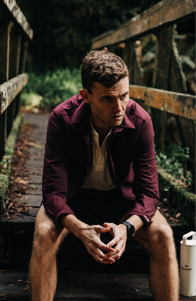 Our guy rocking The Tracksmith Collection over shirt on the trail