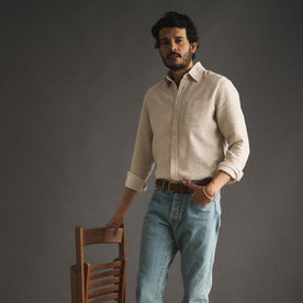 fit model in The California in Oat Heather Double Cloth, Wovens by Taylor Stitch