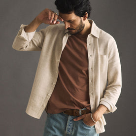 fit model wearing The California in Oat Heather Double Cloth open, Wovens by Taylor Stitch