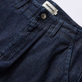 material shot of the button fly on The Morse Pant in Rinsed Indigo Stripe, Bottoms by Taylor Stitch