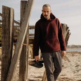 fit model in The Nomad Hoodie in Burgundy Sherpa, Outerwear by Taylor Stitch