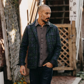 fit model walking in The Ojai Jacket in Blackwatch Plaid Diamond Quilt, Outerwear by Taylor Stitch