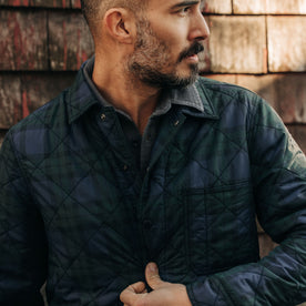 fit model in The Ojai Jacket in Blackwatch Plaid Diamond Quilt, Outerwear by Taylor Stitch