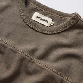 material shot of the neck opening and front yoke of The Rugby Tee in Smoked Olive, Knits by Taylor Stitch