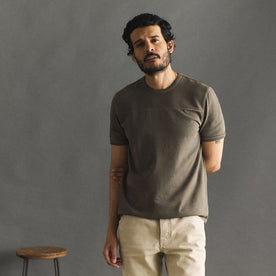 fit model in The Rugby Tee in Smoked Olive, Knits by Taylor Stitch