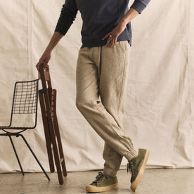 fit model in The Apres Pant in Oat Linen Tweed, Bottoms by Taylor Stitch