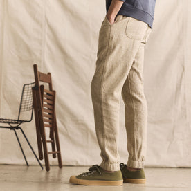 fit model showing the side of The Apres Pant in Oat Linen Tweed, Bottoms by Taylor Stitch