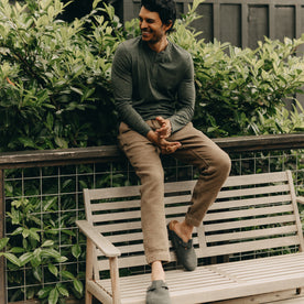 fit model sitting in The Apres Pant in Cypress Sashiko, Bottoms by Taylor Stitch