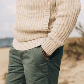 fit model showing off bottom hem of The Bryan Pullover Sweater in Flax Melange, Knits by Taylor Stitch