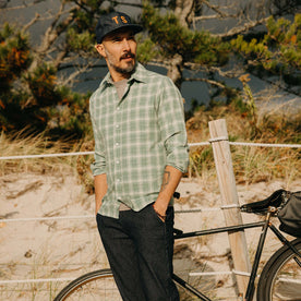 fit model with his hands in his pockets wearing The California in Sea Moss Plaid, Wovens by Taylor Stitch