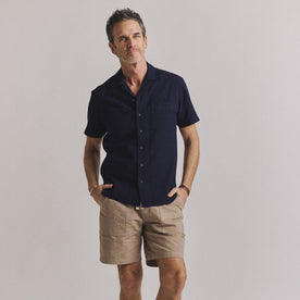 fit model standing wearing The Conrad Shirt in Rinsed Indigo Pickstitch, Wovens by Taylor Stitch