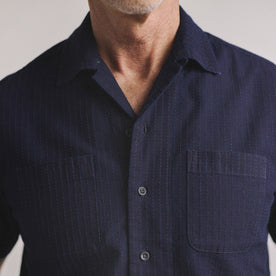 fit model showing off pickstitch detail on The Conrad Shirt in Rinsed Indigo Pickstitch, Wovens by Taylor Stitch