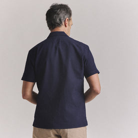 fit model showing off the back of The Conrad Shirt in Rinsed Indigo Pickstitch, Wovens by Taylor Stitch