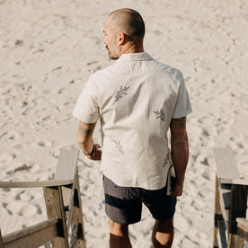 fit model showing off the back of The Conrad Shirt in Seaside Embroidery, Wovens by Taylor Stitch