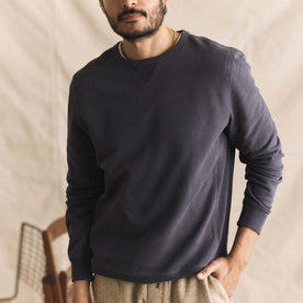 fit model showing the front of The Cotton Hemp Crew in Asphalt, Knits by Taylor Stitch