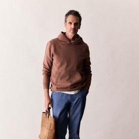 fit model in The Cotton Hemp Hoodie in Faded Brick, Knits by Taylor Stitch