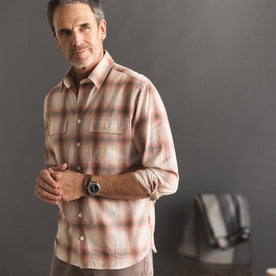 fit model showing off arm cuffs on The Craftsman Shirt in Brick Shadow Plaid, Wovens by Taylor Stitch