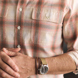 fit model showing off the pockets on The Craftsman Shirt in Brick Shadow Plaid, Wovens by Taylor Stitch