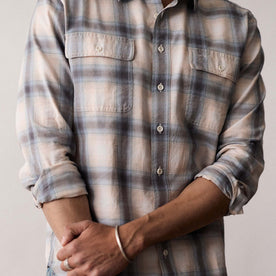 fit model showing the buttons on The Craftsman Shirt in Sky Shadow Plaid, Wovens by Taylor Stitch