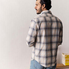 fit model showing off the back of The Craftsman Shirt in Sky Shadow Plaid, Wovens by Taylor Stitch