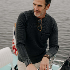 fit model in The Crawford Crew Sweater in Washed Asphalt, Knits by Taylor Stitch