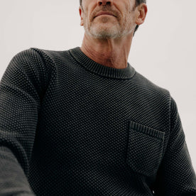 fit model showing the seed stitch on The Crawford Crew Sweater in Washed Asphalt, Knits by Taylor Stitch