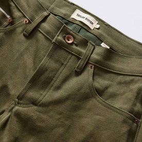 material shot of the waistband on The Democratic Jean in Olive Nihon Menpu Selvage, Bottoms by Taylor Stitch