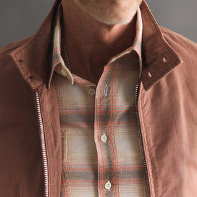 fit model showing off the collar on The Flint Jacket in Faded Brick Broken Twill, Outerwear by Taylor Stitch