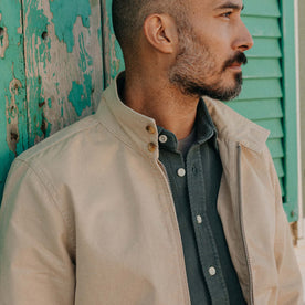 fit model showing off the collar on The Flint Jacket in Light Khaki Broken Twill, Outerwear by Taylor Stitch