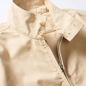 material shot of the buttons on the collar on The Flint Jacket in Light Khaki Broken Twill, Outerwear by Taylor Stitch