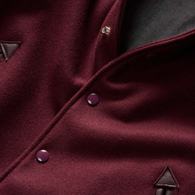 material shot of the buttons on The Golden Bear Snap Bomber in Port Wool, Outerwear by Taylor Stitch