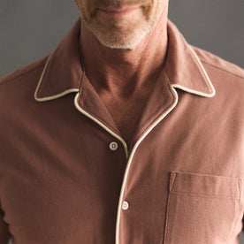 fit model showing off the collar on The Harwich Shirt in Faded Brick Tipped Pique, Knits by Taylor Stitch